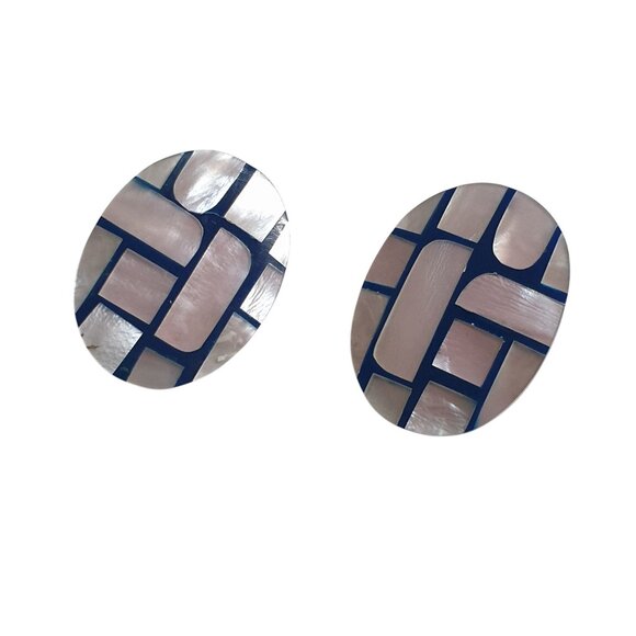 Oval Mother Of Pearl Vintage Navy Geometric Stud Earrings Acrylic Costume Retro - Picture 1 of 4